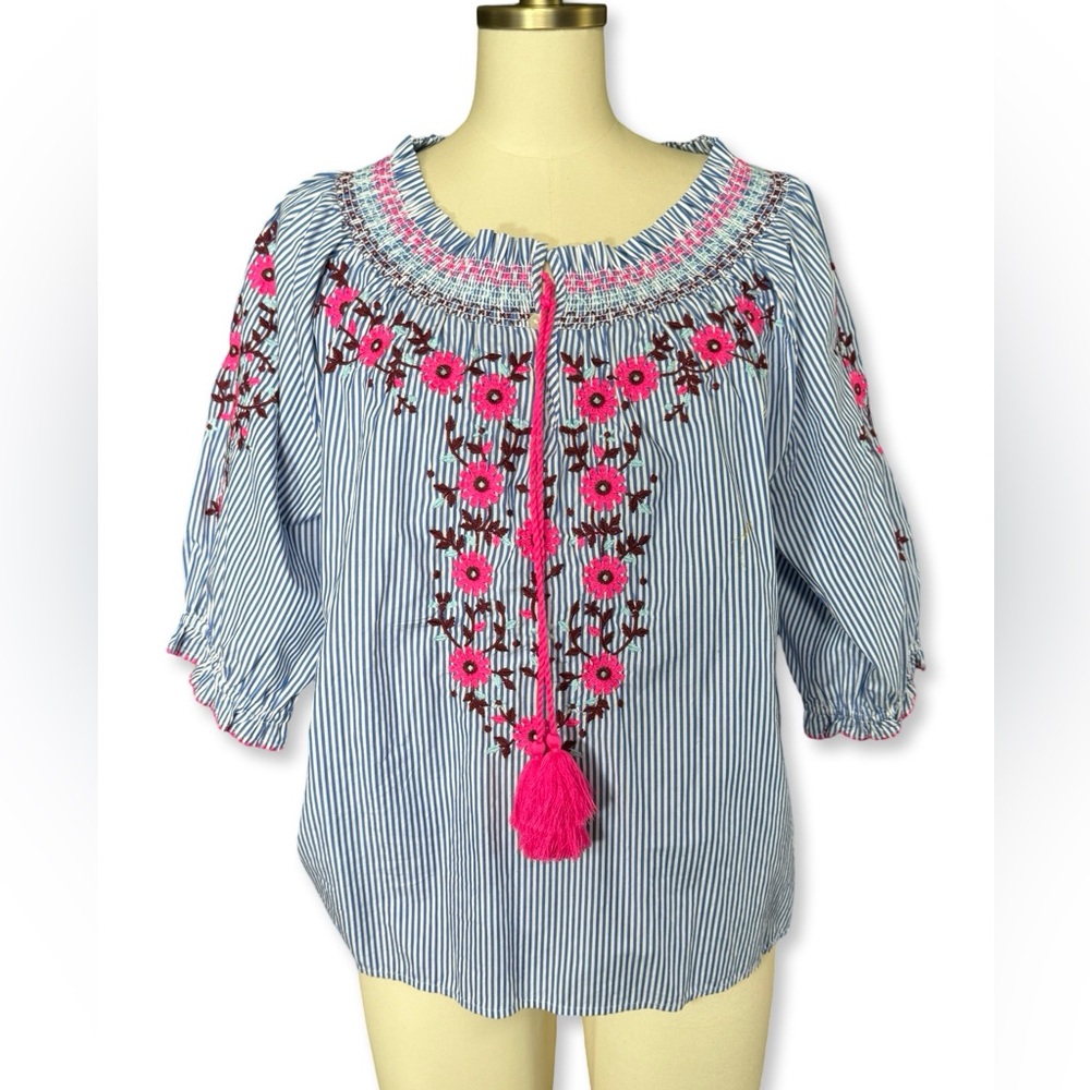 Embroidered smocked top in cotton poplin stripe